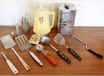 Mid Century Chrome Canisters, Atomic Handled Utensils, West German Mini Budweiser Can Opener, Glass Therm Pitc