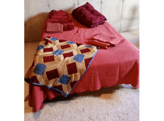 Maroon Queen Mattelase Coverlet With Shams, Sheets, Comforter, Handmade Throw, Bath Rug, And Drapes