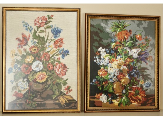 2 Large Pieces Of Framed Floral Needlepoints Behind Glass
