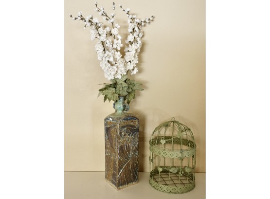 Large Ceramic Vase And Decorative Birdcage