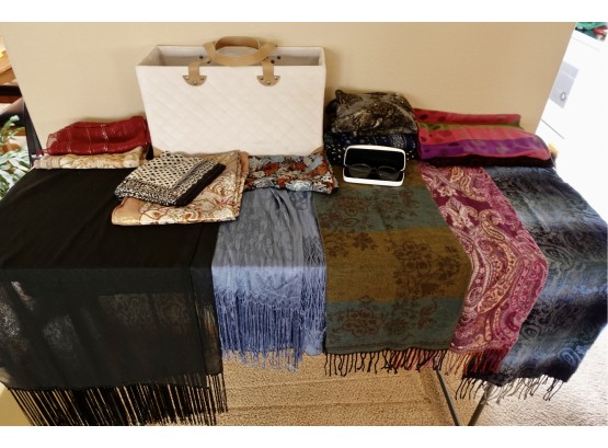 Assorted Scarves, Glasses, And A Tote
