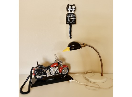 Harley Davidson Telephone, Duckhead Desk Lamp And Black Cat Wall Clock