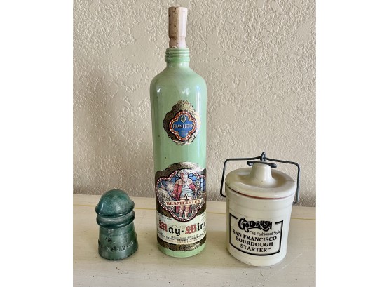Vintage Glass Insulator, Beameister Wine Bottle, And Crock