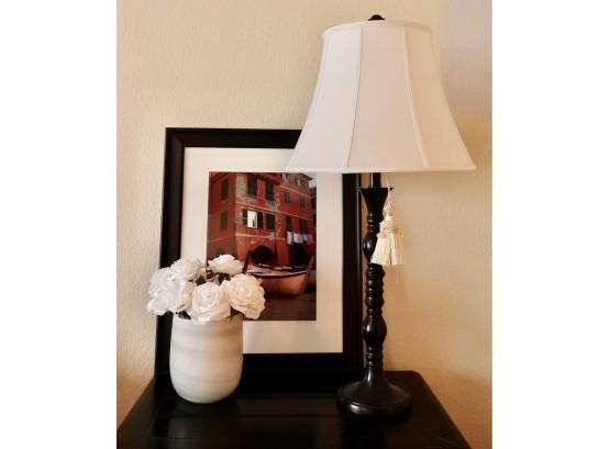 Black Table Lamp, Print, & Faux Flowers In Vase