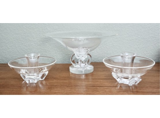 Steuben Glass 10.5' Pedestal Bowl C. 1940's By  George Thompson With Candle Holders