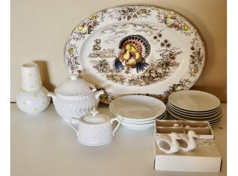 Vintage Thanksgiving Transferware Platter With White China And Napkin Holders Including Mikasa Sophisticate