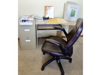 Small Desk, Chair, Filing Cabinet, Shredder, And Office Supplies