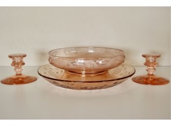 Pink Depression Glass Serving Pieces And Candlesticks