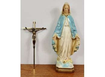 Vintage Ceramic Mary Statue And Metal Crucifix