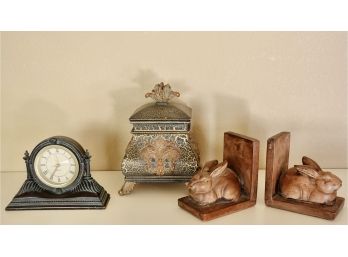 Ceramic Bunny Bookends, Decorative Box, And Clock