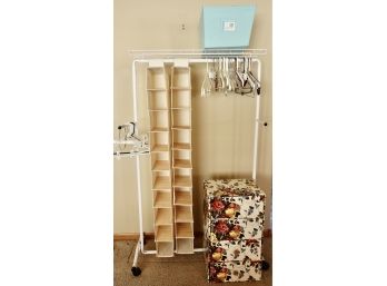 Rolling Clothing Rack With Shoe Organizers, Bin, And Cardboard Chest Of Drawers