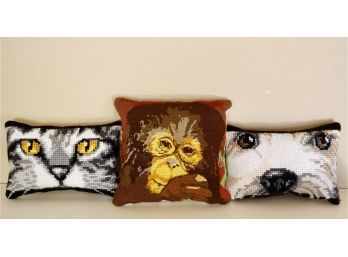 3 Animal Themed Needlepoint Pillows