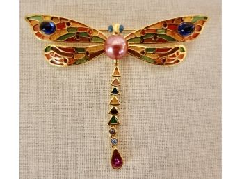 Exquisite Joan Rivers Plique A Jour Crystal, Pearl Dragonfly Pin With Articulating Tail