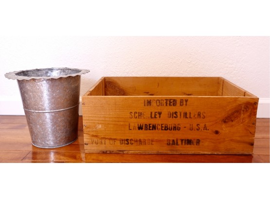 Vintage Wood Box And Galvanized Bucket