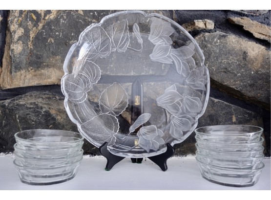 14' Etched Glass Platter With 9 Libbey Duratuff Glass Bowls