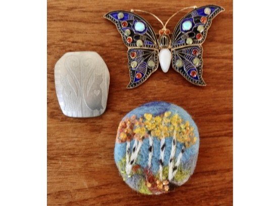 3 Beautiful Pins Including Vintage Metropolitan Museum CLEO Butterfly, Needlefelted, And More