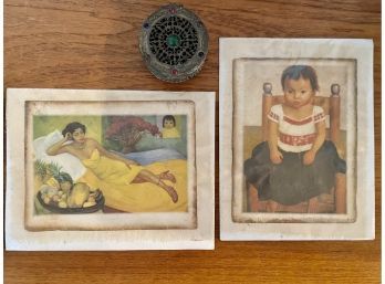 2 Diego Rivera Prints On Barkcloth And An Ornate Trinket Box