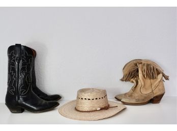 2 Pairs Of Vintage Western Boots And Woven Sun Hat
