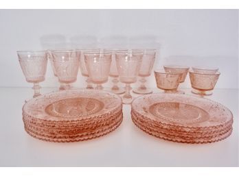 Set Of Pink Depression (Sandwich?) Glass Goblets, Plates, & More