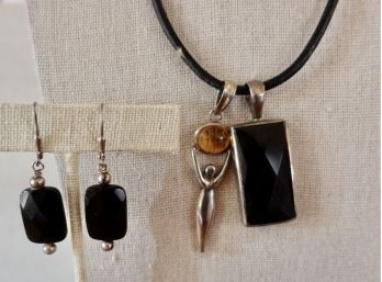 Sterling & Onyx, And Sterling & Citrine Pendants On Leather With Coordinating Earrings
