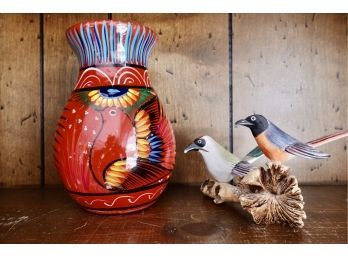 Colorful Vase And Wood Carving With Bird Motif