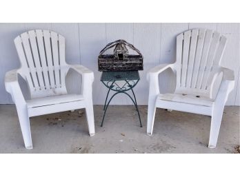 2 Plastic Adirondack Chairs, Metal Patio Table, And Wood Birdhouse