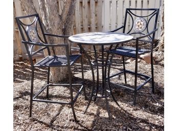 28' Outdoor Bistro Table And Two Chairs, Bar Height, Mosaic Look Top