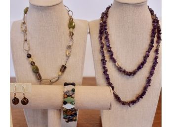 Lovely Stering Silpada Necklace, 49' Amethyst Beaded Necklace, Stone Bracelet & Earrings