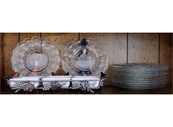 13 Etched Glass Plates And Serving Dish With Grape Motive