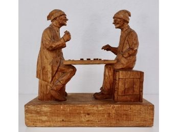 Hand Carved Wood Sculpture Of Cronies Playing Checkers