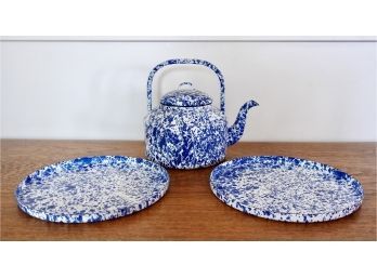 Vintage Enamelware Teapot And 10' Plates