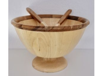 Large Footed Wood Salad Bowl With Utensils