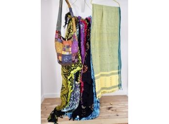 12 Batik Style Sarongs, Patchwork Bag, & 16' Long (Sari?) Fabric