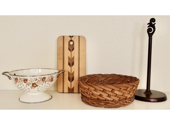 Inlay Cutting Board, Collander, Basket, And Paper Towel Holder