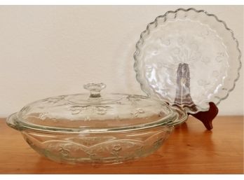 Matching Oven Proof Pressed Glass Pie Plate And Lidded Casserole
