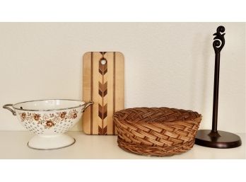 Inlay Cutting Board, Collander, Basket, And Paper Towel Holder