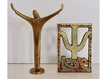 Mid Century Terra Sancta Brass 'Love' Bookend And Brass Jesus