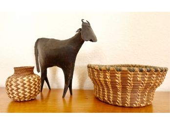 Cool Brutalist Cow Sculpture With 2 Handmade Baskets