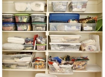 Huge Assortment Of Quilting Fabric And Supplies In Bins With Lids