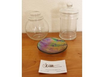 Art Glass Trinket Dish And Apothecary Jars