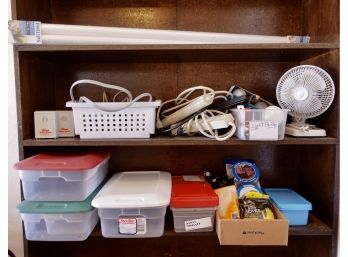 Household Items Including Plastic Bins, Gloves, Electric, Bulbs, And More