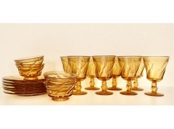 Vintage Amber Goblets With Plates And Bowls