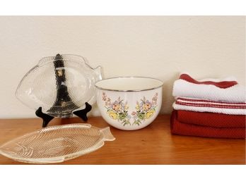 Glass Fish Platters, Dish Towels, And Enamel Mixing Bowl