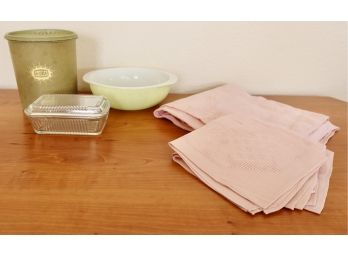 Vintage Pyrex, Tupperware, Tablecloth With 4 Napkins, & More