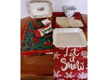 Assorted Christmas Linens, Serving Ware, And Plastic Mixing Bowl