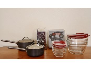 Kitchen Odds & Ends Including Simply Calphalon 1 & 2 Quart Saucepans, Glass Food Storage With Lids, & More