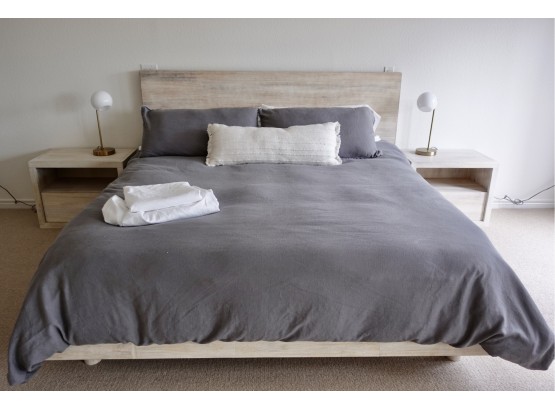 King Sized Bedding Including Pottery Barn Down Comforter With Gray Linen Duvet & Shams, Pillows, & Pottery