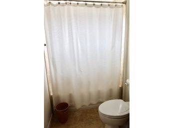West Elm Shower Curtain, Curtain Hangers, And Umbra Wood Waste Basket