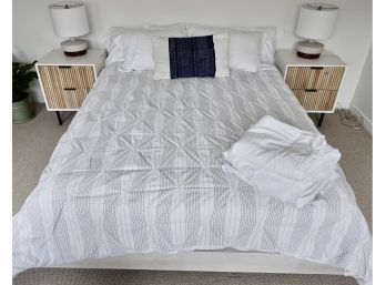 Queen Bedding Including West Elm Duvet Cover, Tribal Throw Pillow, 2 Fitted And One Flat Pottery Barn Sheets