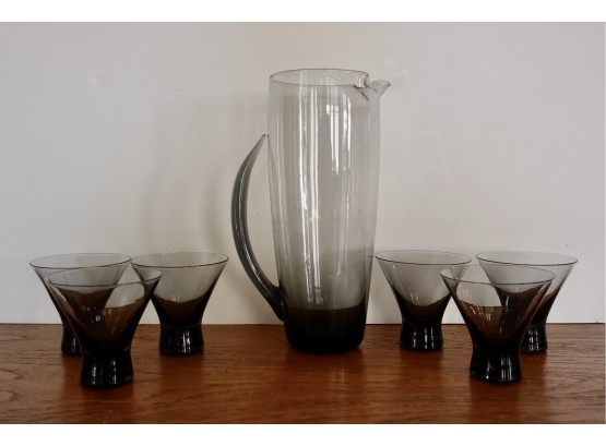 Smoky Glass Mid Century Pitcher With 6 Glasses